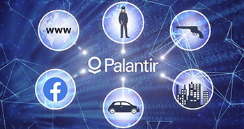 Rekord-Investitionen in KI Logo von Palantir umringt mit runden Symbolen, die Siziale medien, Politik und andere Bereiche abbilden, darstellen