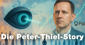 Die Peter-Thiel-Story Peter Thiel in einer Collage mit einem Auge, was über menschliche Silhouetten aqcht